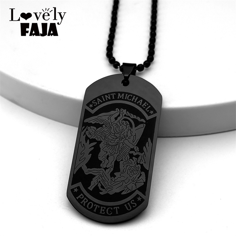 Mens Dog Tag Necklace - Saint Michael Protect US Arcanjo Pingente